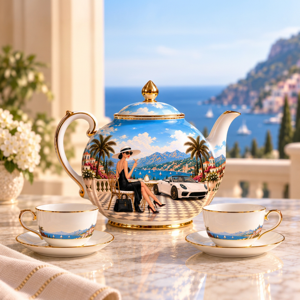 Coastal Reverie blue and gold statement teapot