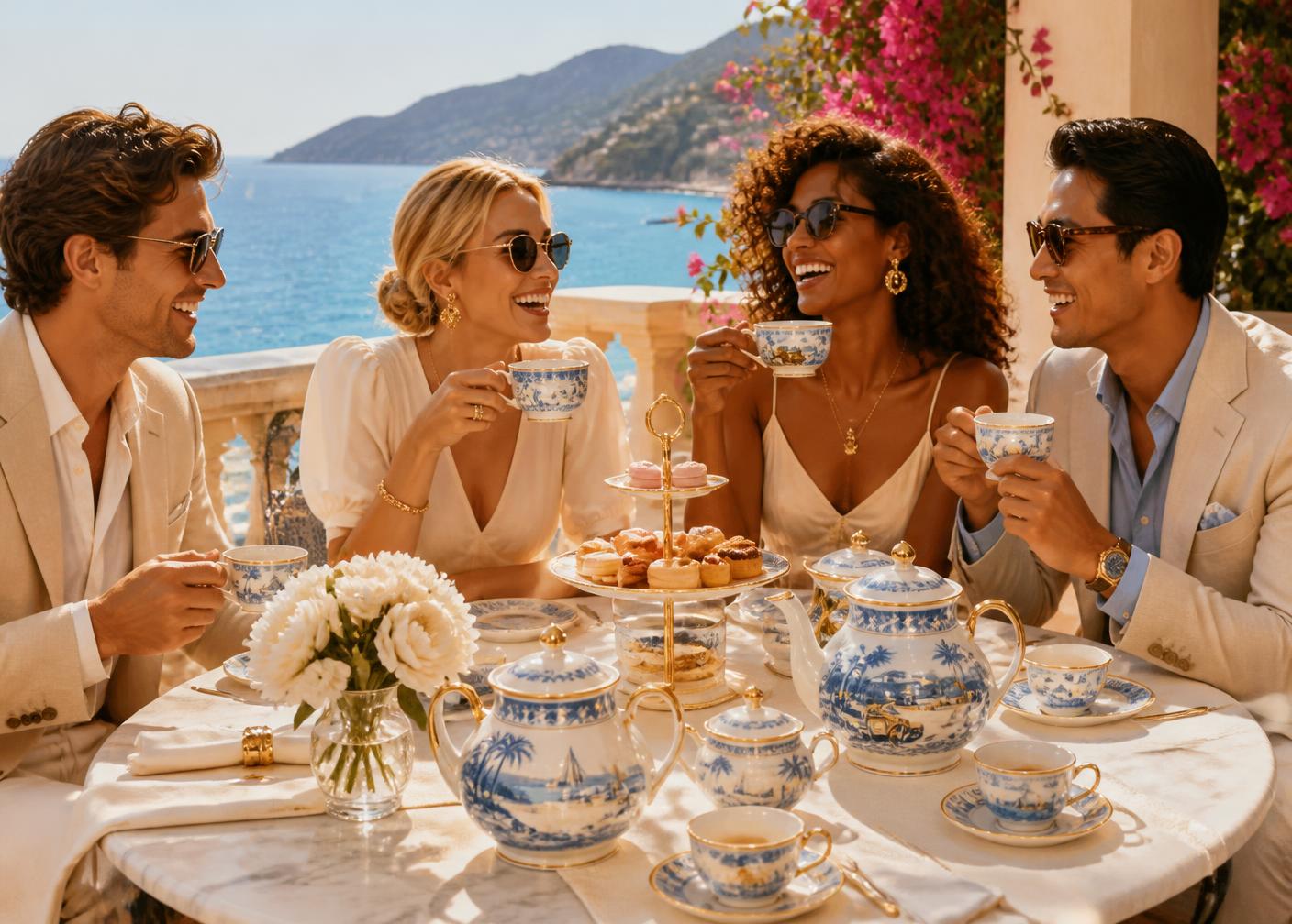 Friends laughing over afternoon tea outdoors