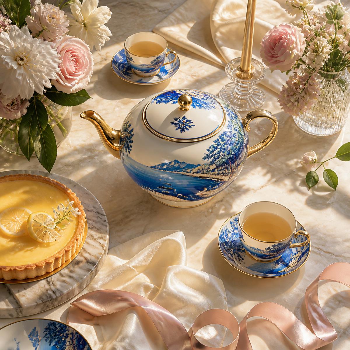 Blue and gold porcelain arranged for an elegant gathering